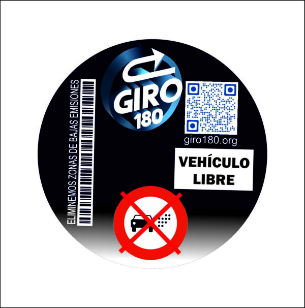 Expresa tu rechazo a las Zonas de Bajas Emisiones con esta pegatina. Con la frase "Giro 180" y una señal de Zonas de Bajas Emisiones tachada.